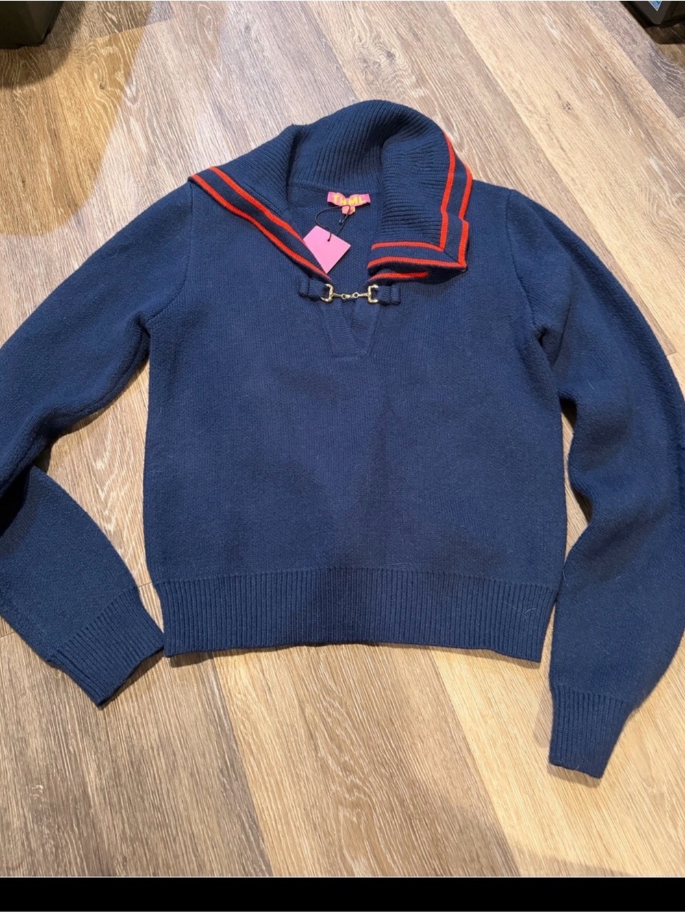 THML Navy Sweater with Red Stripe and Gold Horsebit